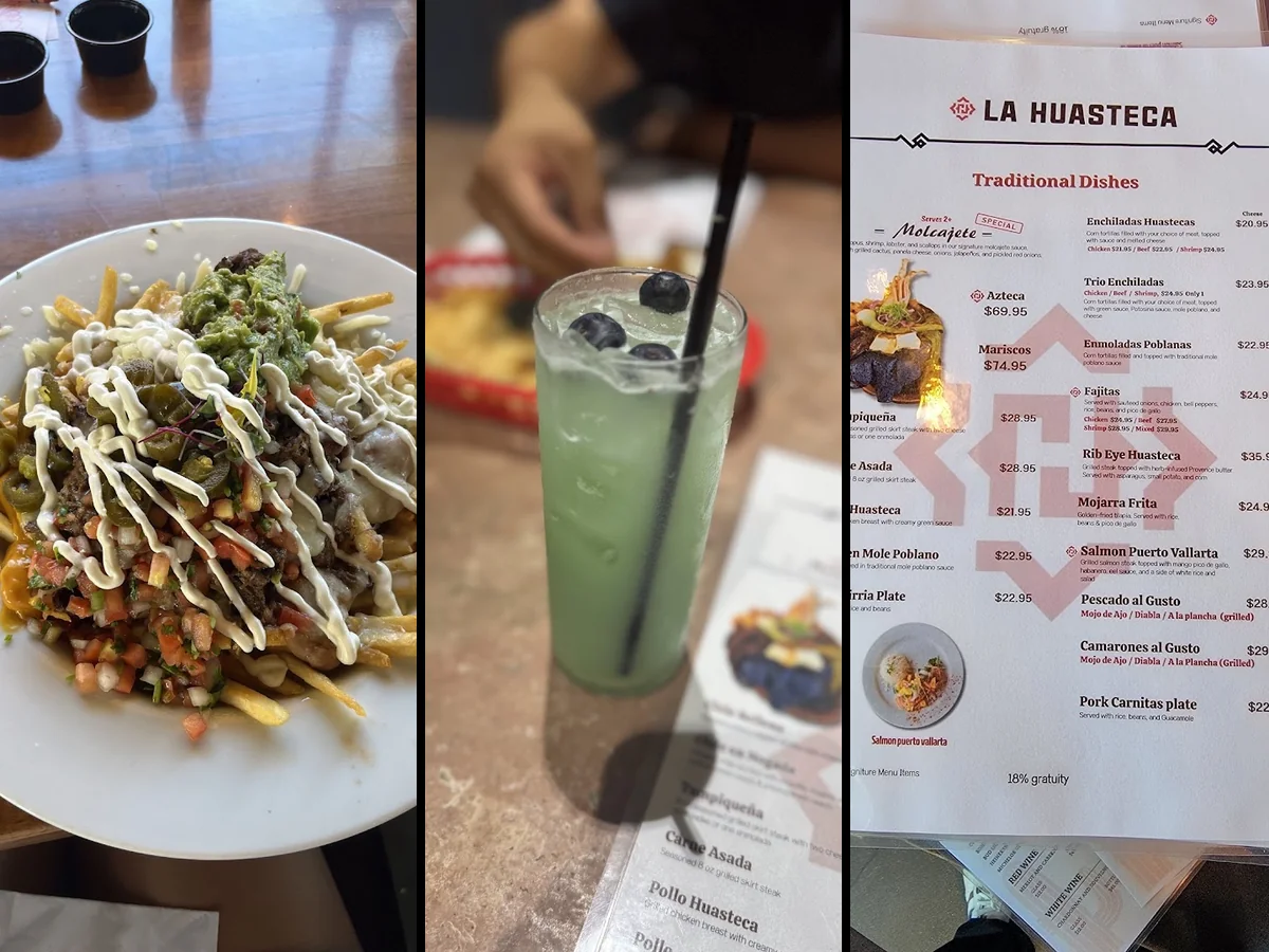 Colorful dishes with cocktails and plates.