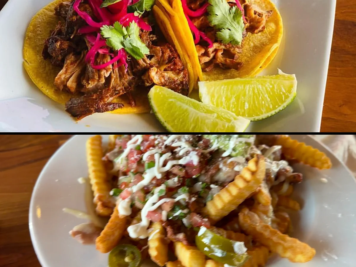 Colorful dishes with cocktails and plates.