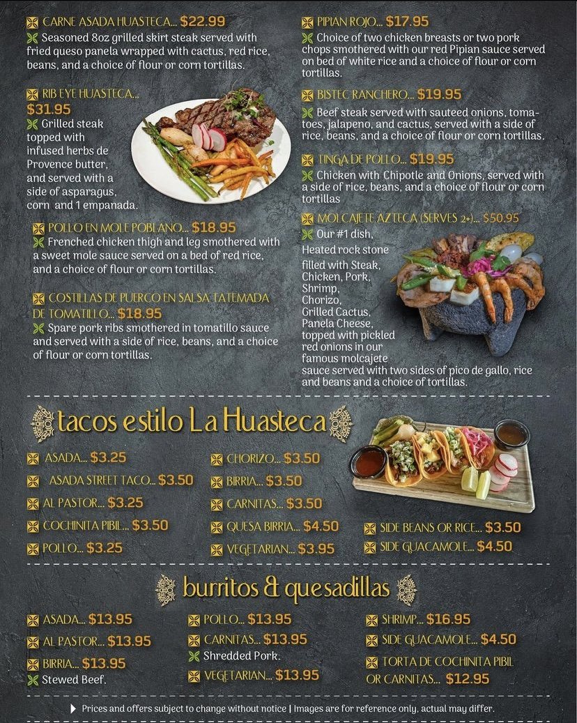 Printed menu with Mexican dishes listed.