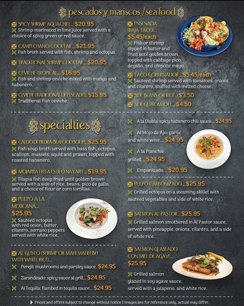 Restaurant menu with salads and traditional plates.
